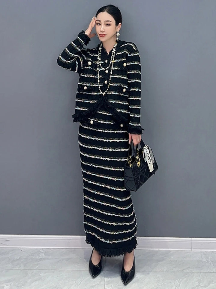 SHENGPALAE Temperament Women Two Piece Set Tassel V-neck Single Breasted Coat Light Luxury Female Skirt Autumn 2023 New 5R7051