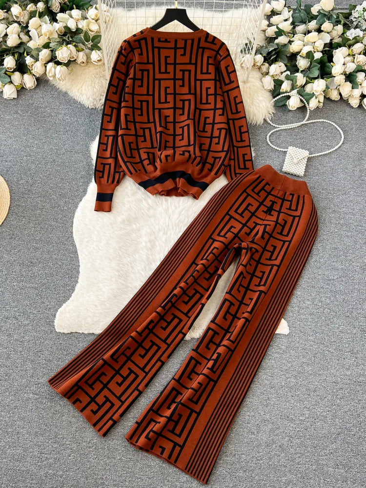 Fashion Knitted Two Pieces Suits Round Neck Labyrinth Print Loose Sweater+Wide Legs Long Pants Women Korean Style Casual Sets