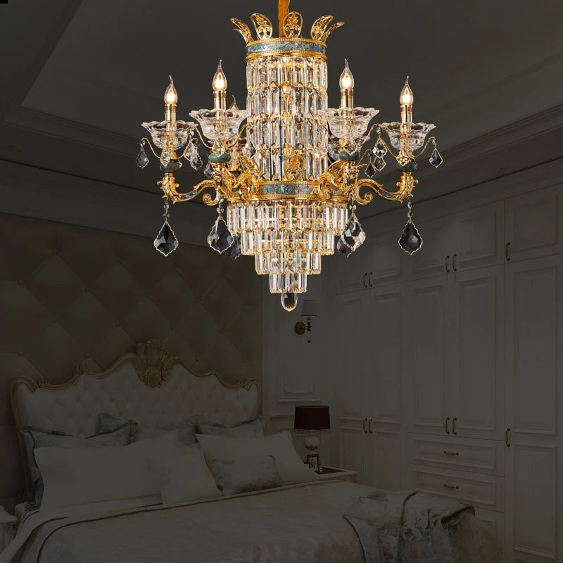 European Chandelier All Copper Atmosphere Living Room Crystal Chandelier With Dining Room Candle Light Bedroom Light Retro Light