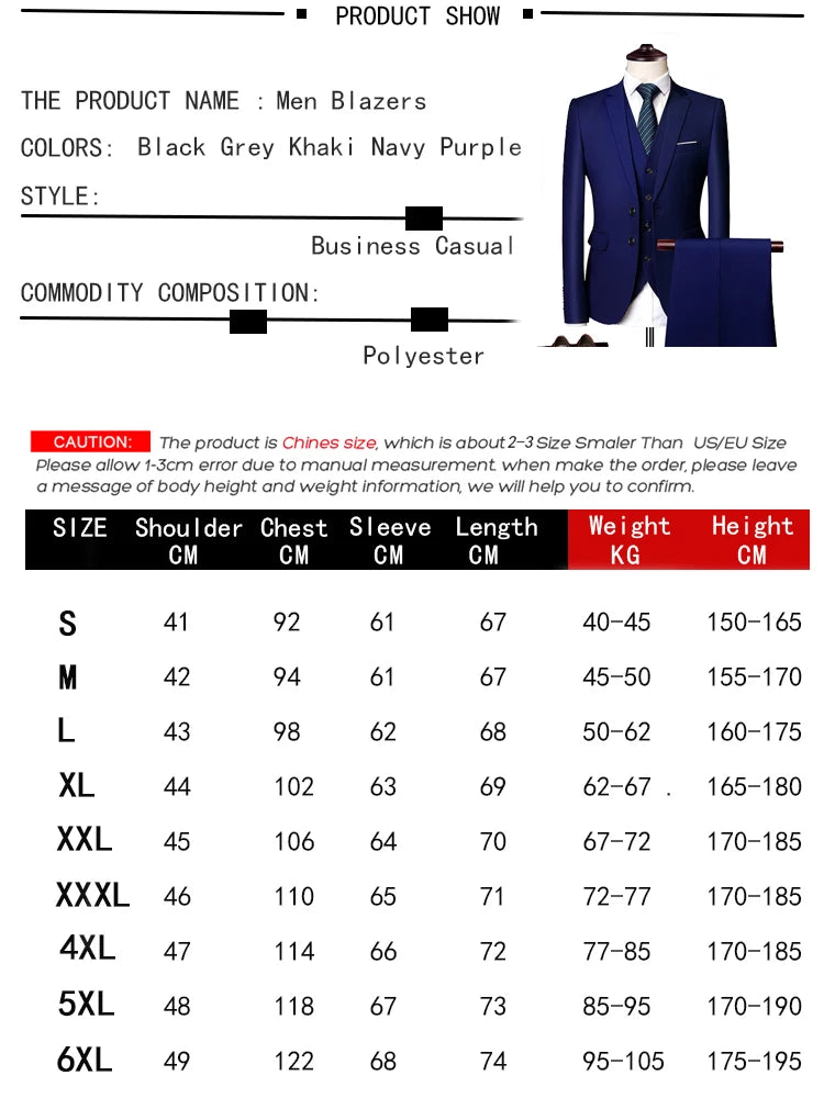 Elegant 3-Piece Men's Wedding Suit Set - Luxury Business Formal Blazers, Vest, and Pants - Free Shipping