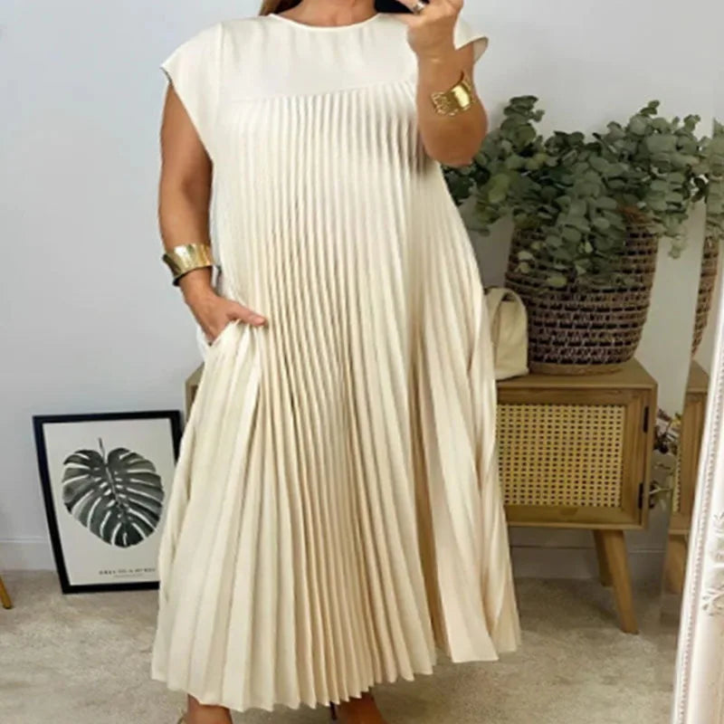 2024 Plus Size Apricot Pleated Maxi Dress - Elegant Vintage Casual Style