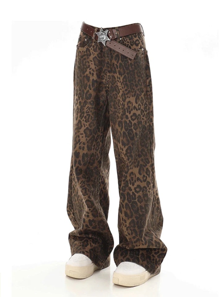 Get Ready to Roar in These Y2K Leopard Print Jeans - Perfect for Streetwear!