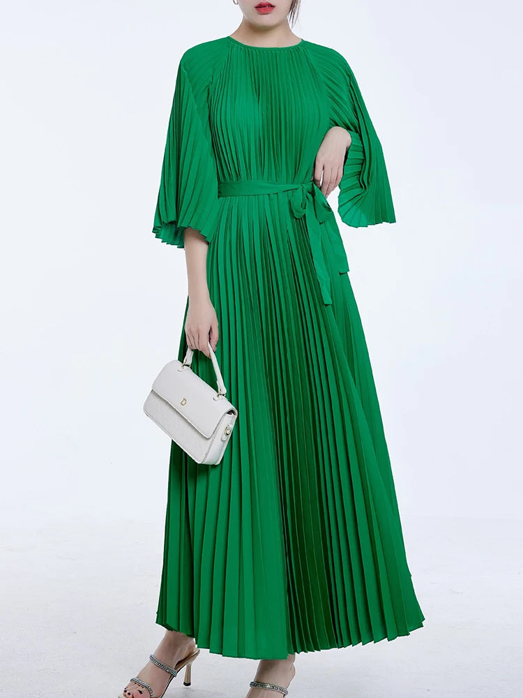 LANMREM Casual Solid Color Pleated Dress