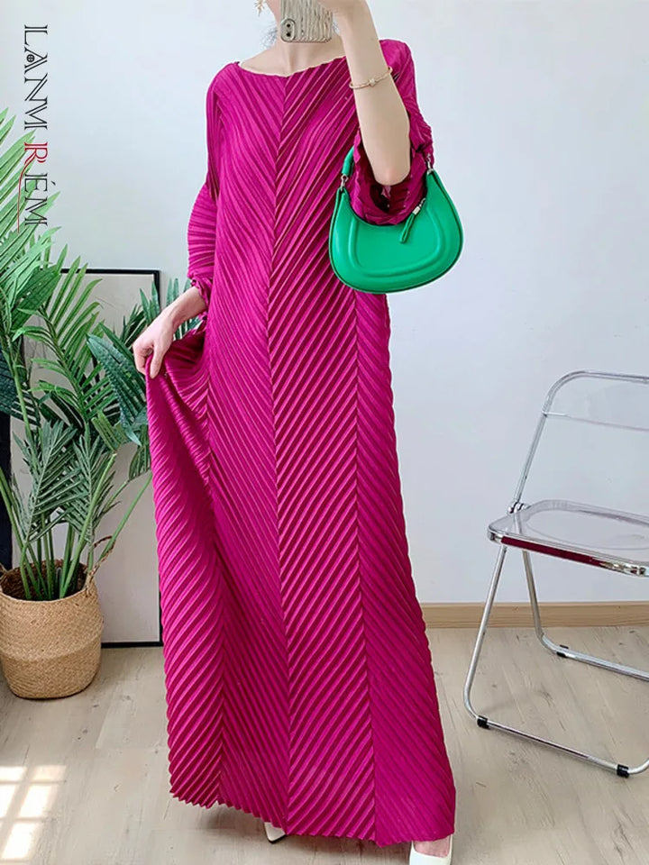 LANMREM Elegant Pleated Maxi Dress - Solid Color, Long Sleeves, 2024 Spring Fashion