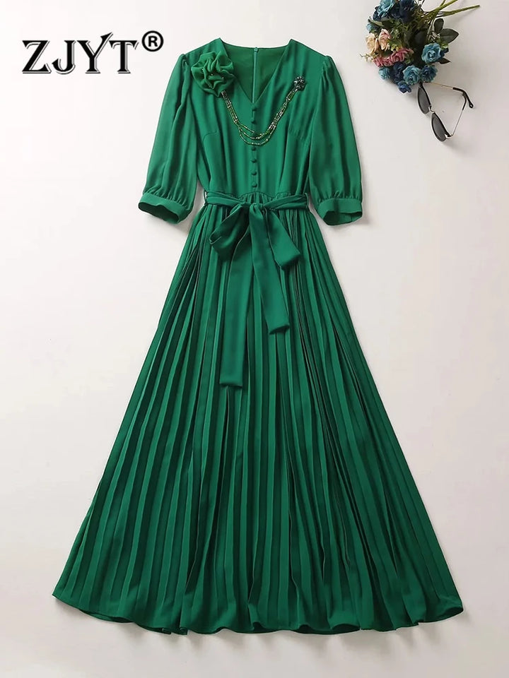 Green Summer Party Dress for Women - Elegant Floral Beading, Pleated, Holiday Robe - XXL