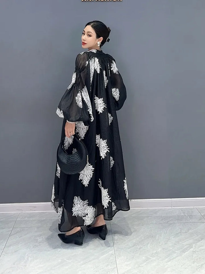 Stylish Black Fragmented Flower Dress - 2023 Autumn Collection - Size: One, Length: 115cm, Bust: 116cm