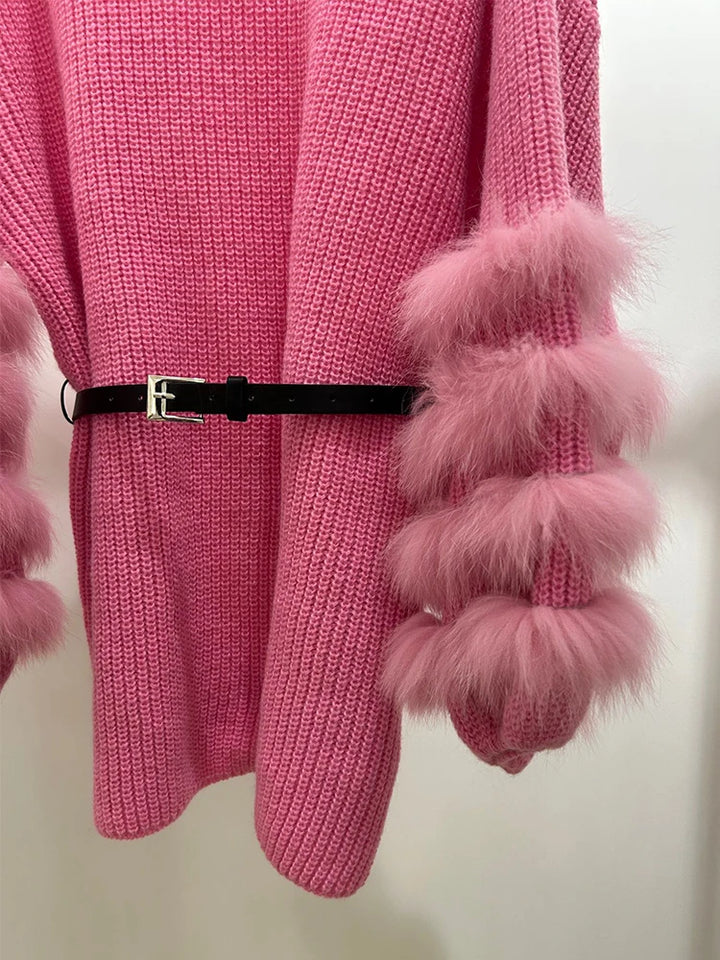 Real Fox Fur Knit Sweater - Loose Fit, Autumn/Spring - 100% Genuine Fur