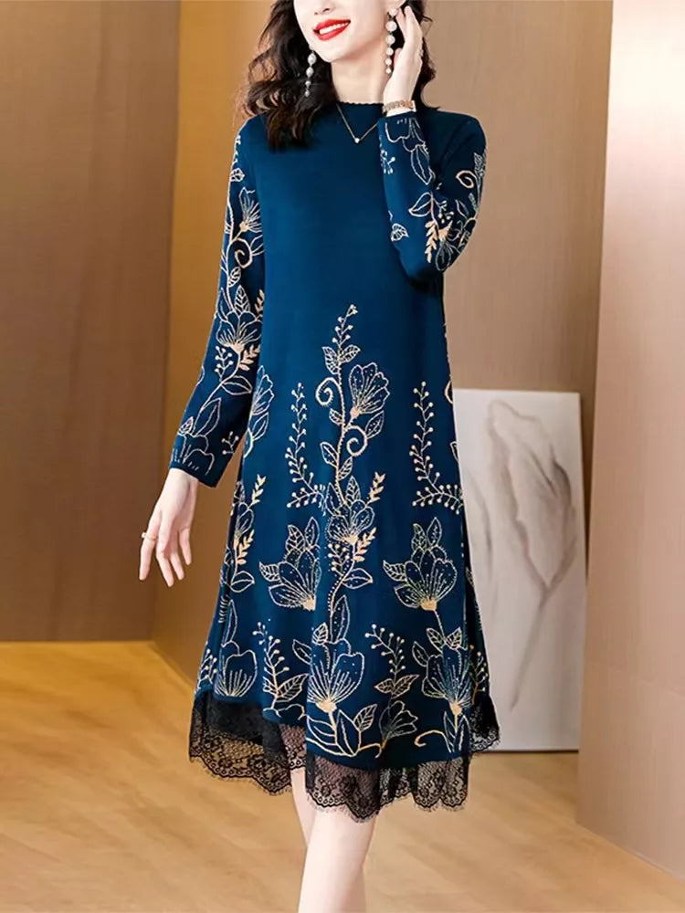 2024 Chic Blue Floral Knit Pullover Sweater - Luxury Lace Ruffles for Women