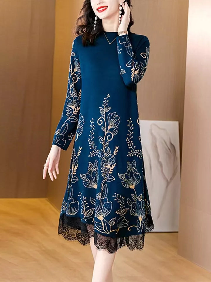 2024 Chic Blue Floral Knit Pullover Sweater - Luxury Lace Ruffles for Women