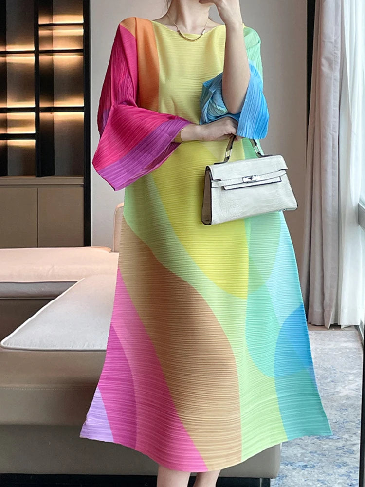 Colorful Print Pleated Dress - Casual A-line Fashion 2023 Autumn - LANMREM