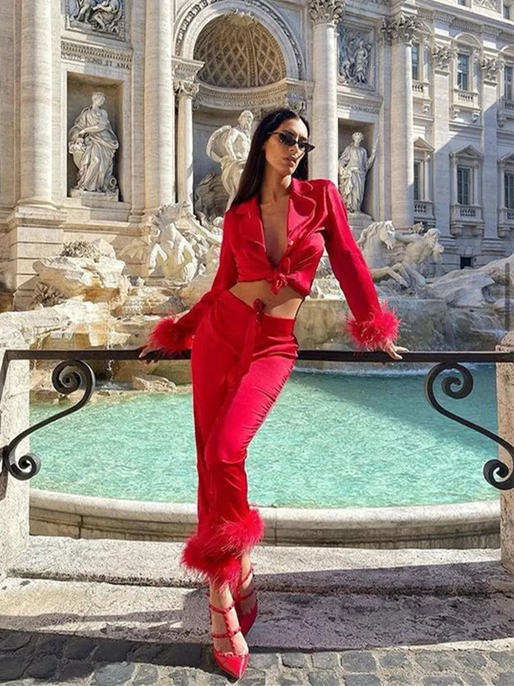 Stylish Feather Trim Two-Piece Set for Women - Perfect for Fall Parties and Office Wear!