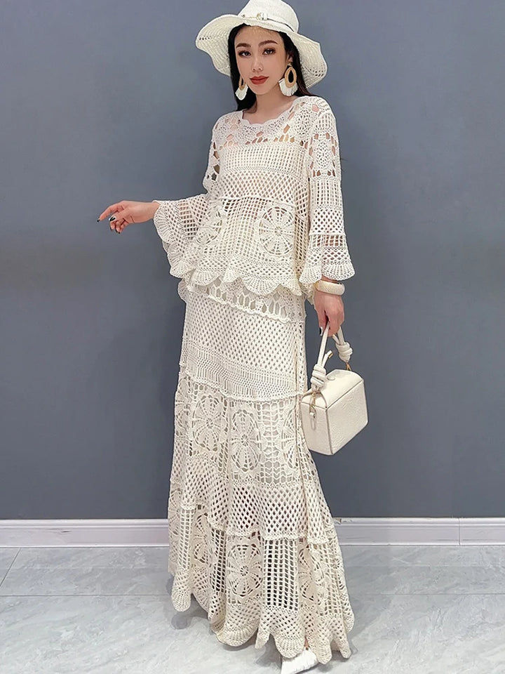 2024 Spring Summer Lace Set with Hollow Top and Swing Skirt - Elegant Fashion for Women