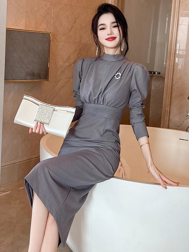 Retro Elegant Bubble Sleeve Professional Dress for Women - High Waist Wrap Hip Slit Midi Robe Femme OL Work Style Vestidos