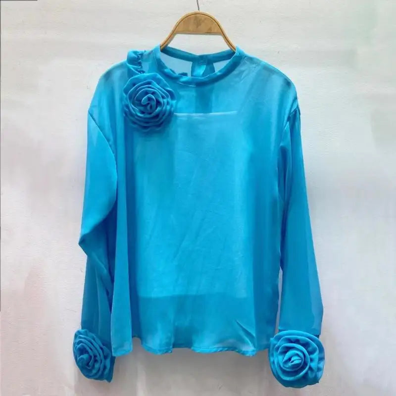 KUSAHIKI 3D Flower Tops - Elegant Korean Chic Blouses for Women - Autumn 2023