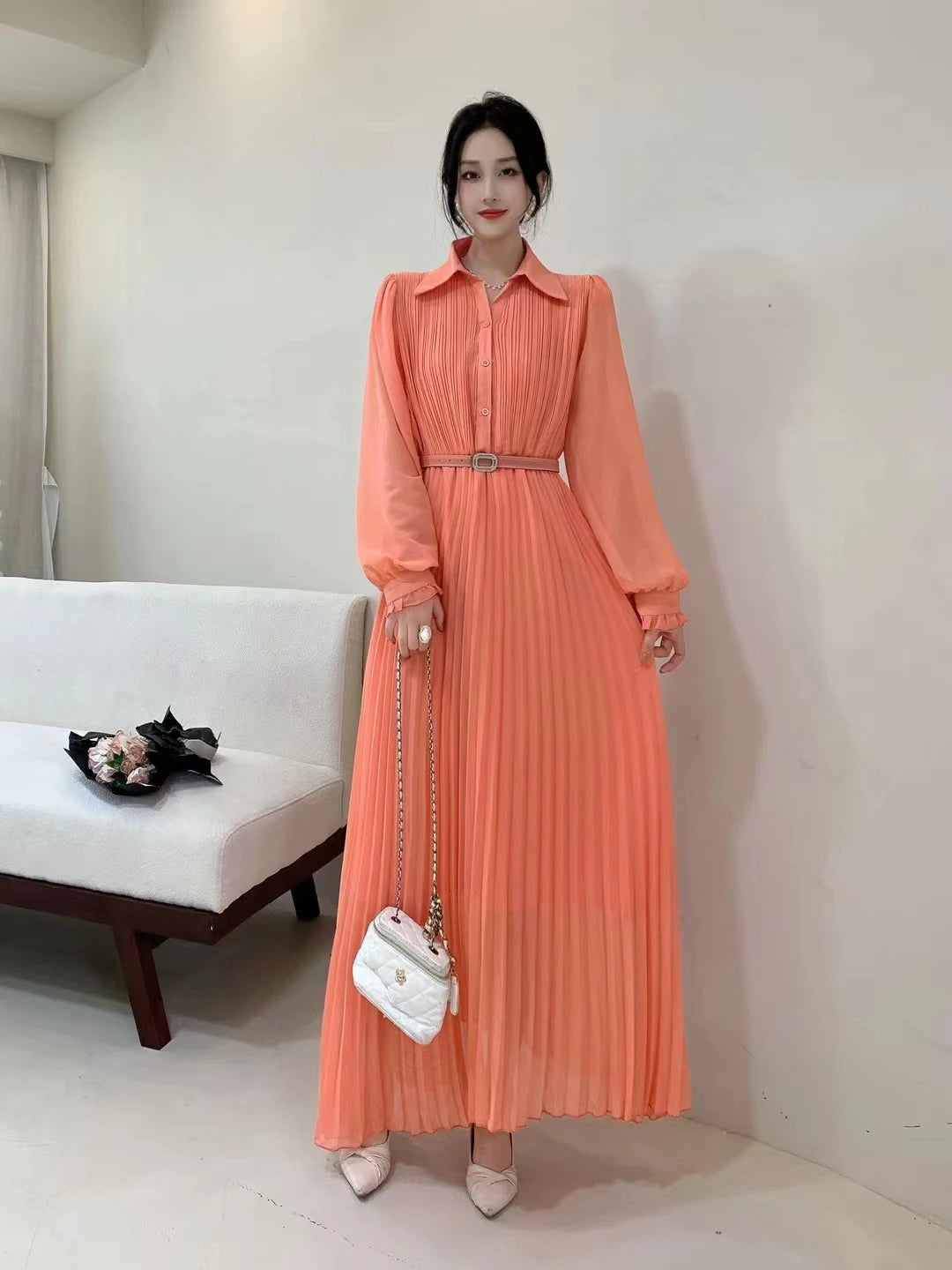 Spring Autumn Women's Fashion Chiffon Pleated Dress