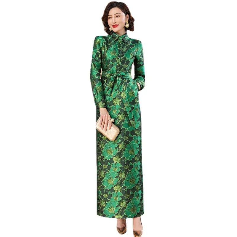 Green Floral Pencil Dress with Belt - Slim Fit, Long Length - 3cm Error