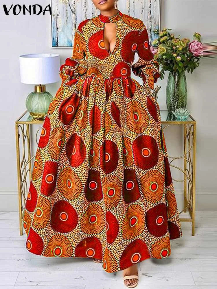 2024 Autumn VONDA Bohemian Maxi Dress - Floral Print, Long Sleeve, Sexy Split, Casual Loose Fit