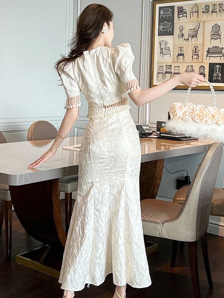 Vintage Celebrity Style 2-Piece Outfit Set with Jacquard Satin, Pearl Tassel, and Fishtail Skirt for Women - Perfect for Parties and Prom (2023)