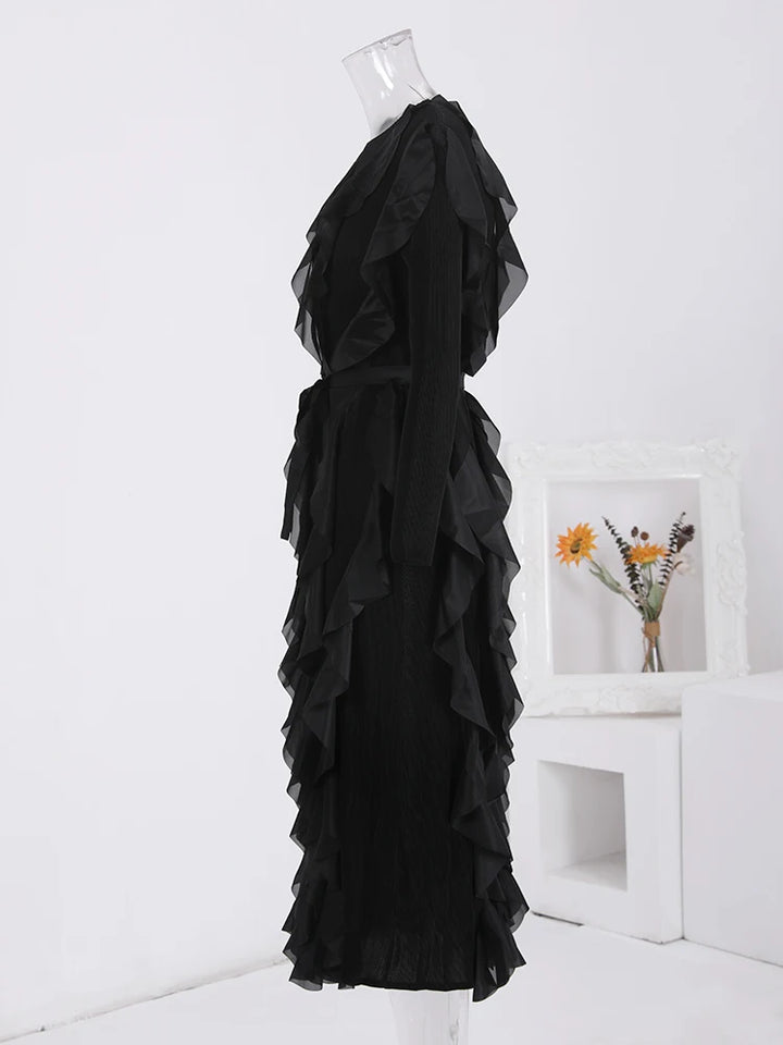 LANMREM Spring Dress - Ruffles, Pleated, Belted, Solid Color