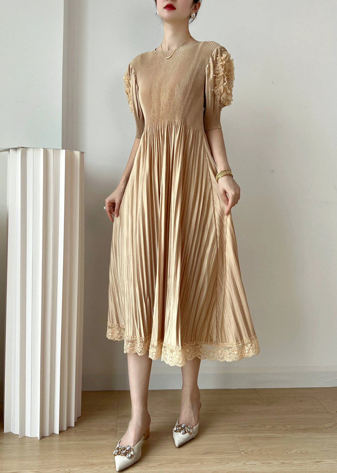 2023 YUDX Miyake Spring/Summer Dress - Pleated, Round Neck, Bubble Sleeve - Sexy Party Fashion