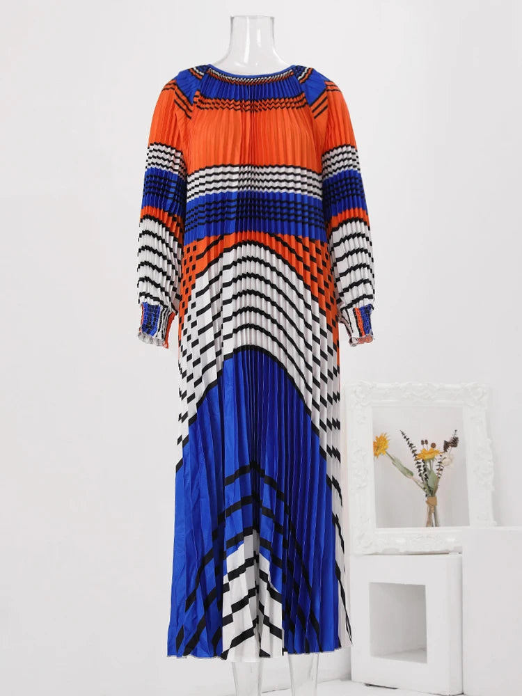 LANMREM Striped Print Pleated Dress