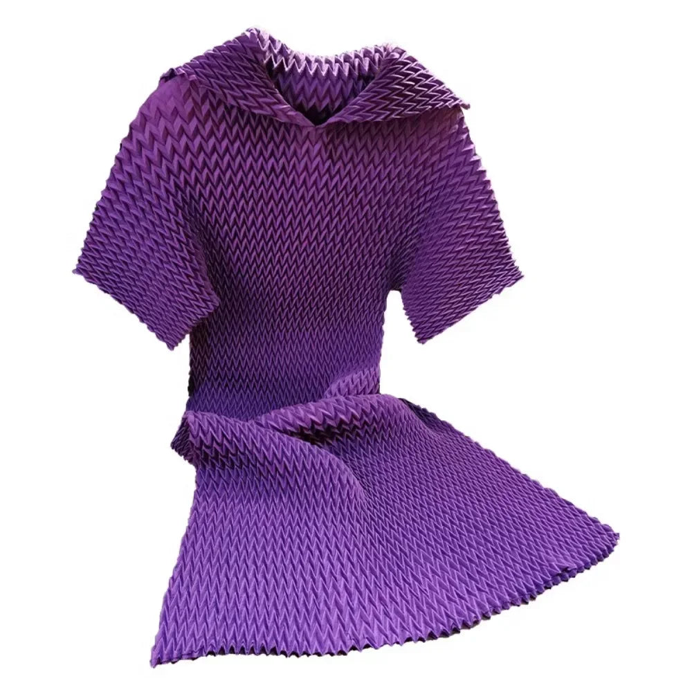 New Miyake Wave Pattern Pleated Dress - Casual & Comfortable with Bat Sleeves - Large Size Available