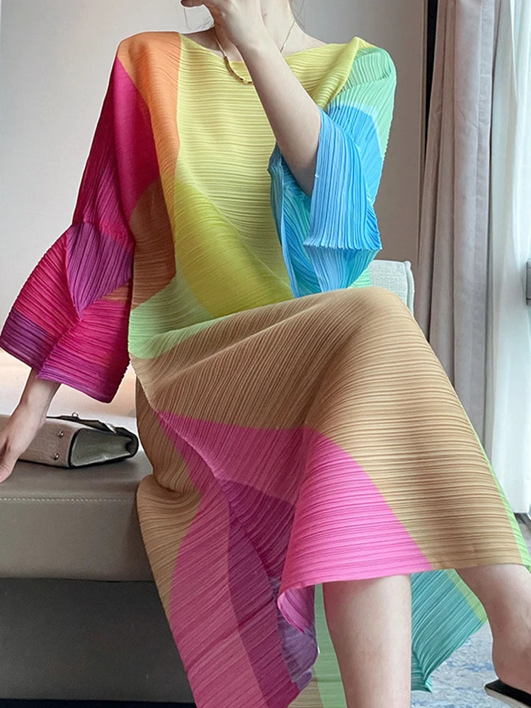 Colorful Print Pleated Dress - Casual A-line Fashion 2023 Autumn - LANMREM