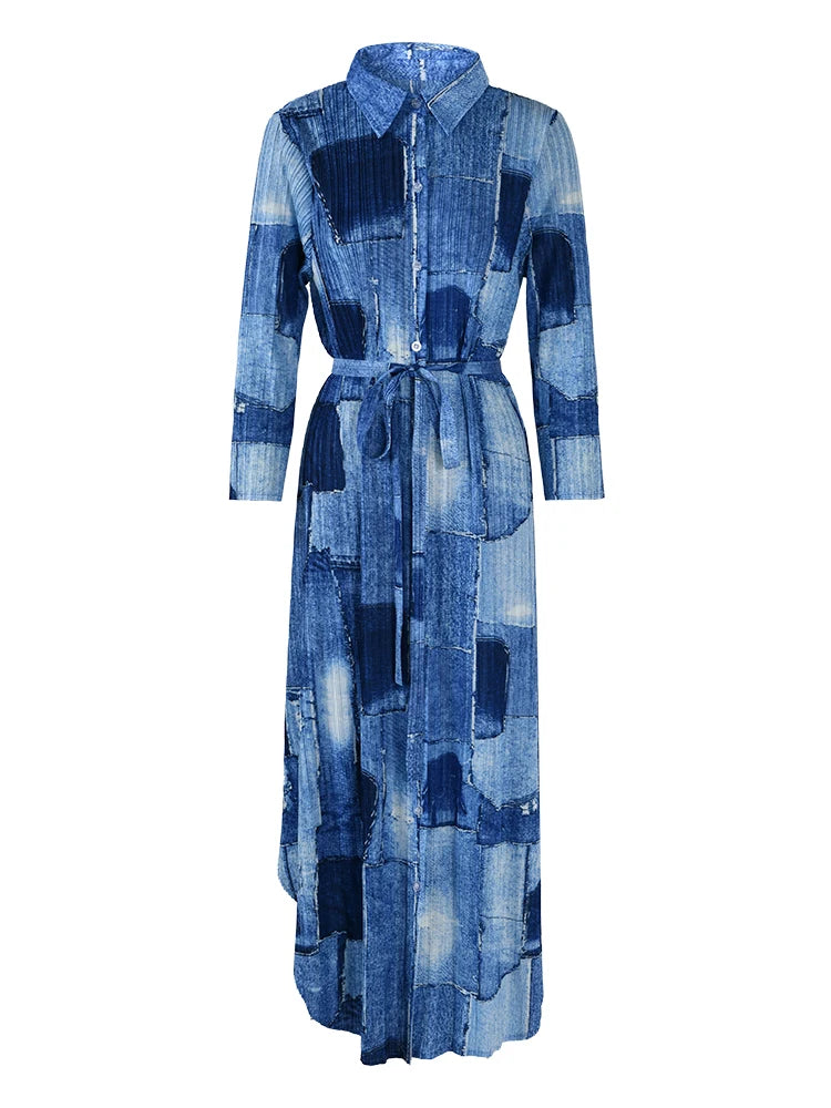 LANMREM Contrast Color Pleated Long Dress - Spring 2024 Fashion. Lapel, Print, Belt. Sizes: One Size. Bust: 92-148cm.
