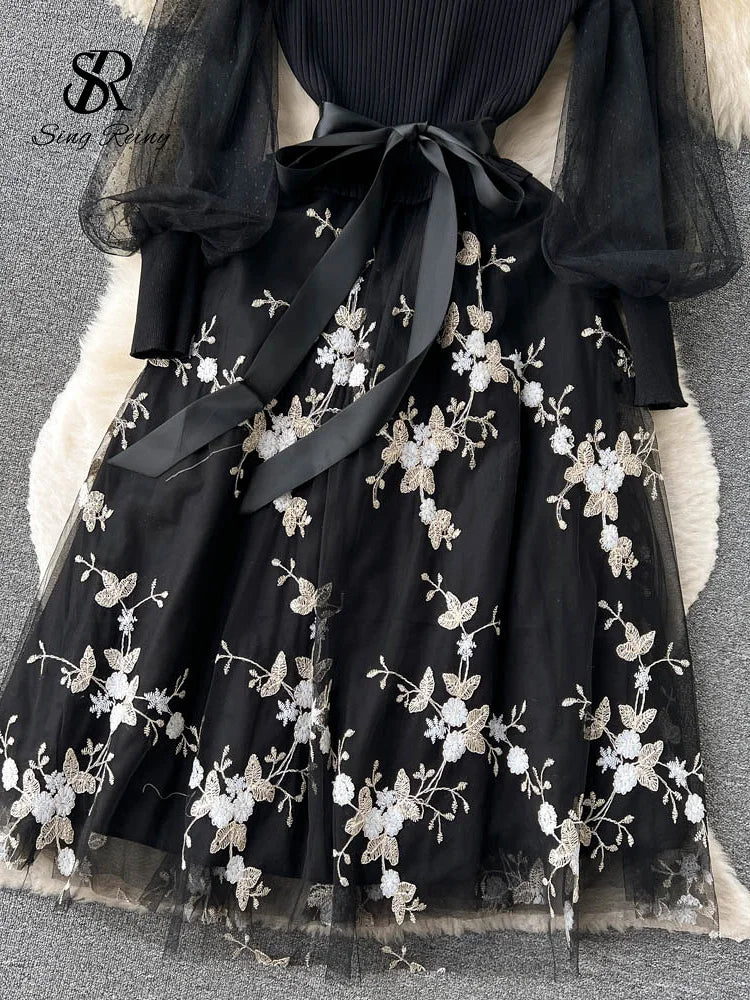 SINGREINY Spring Floral Knitted Long Dress