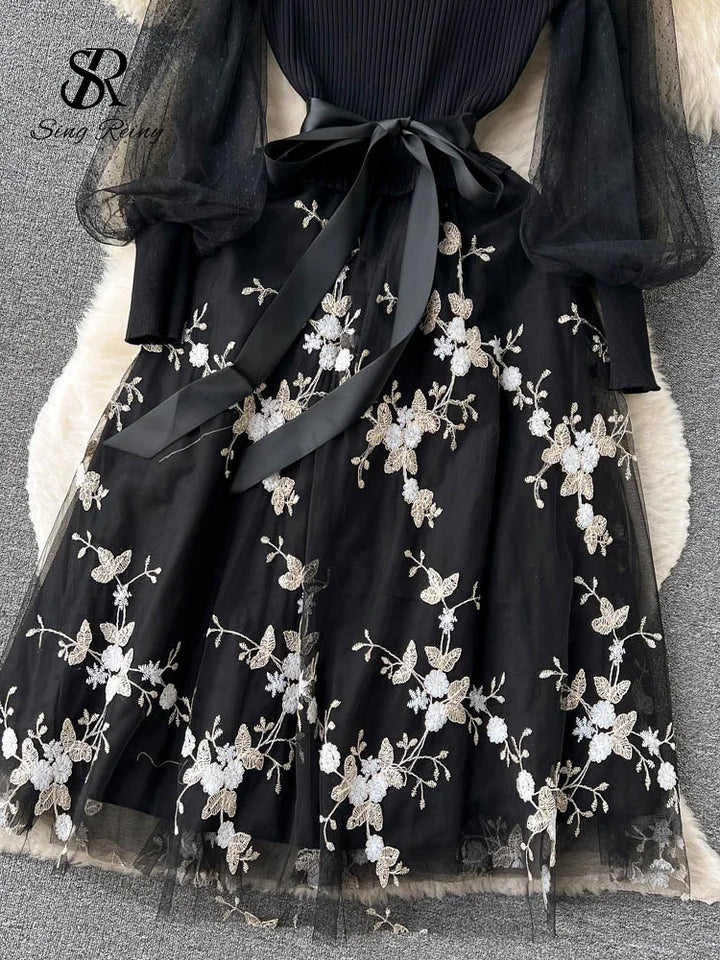 SINGREINY Spring Floral Knitted Long Dress