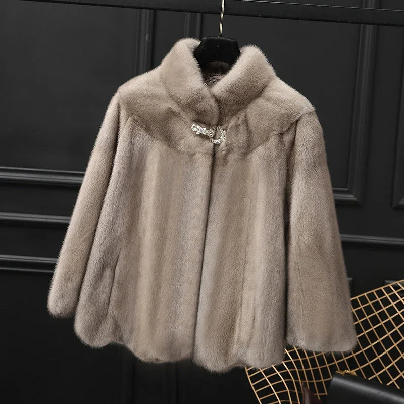 Women's Mink Fur Coat - Warm Winter Fashion Jacket with Stand Collar and Sizing Consultation