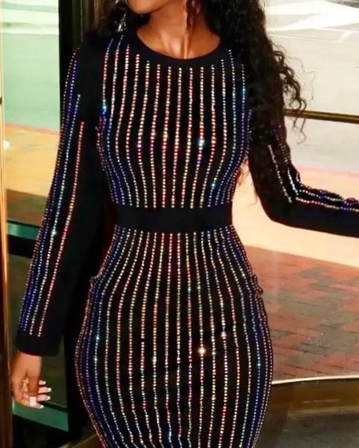 2023 Sequin Round Neck Women Dress Striped Solid Splice Party Tight High Waist Casual Sexy Hip Wrap Long Sheath Dresses