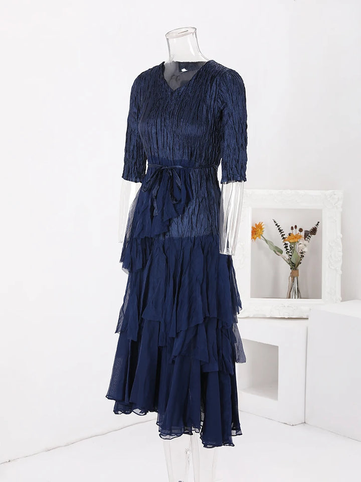 Stylish LANMREM 2024 Pleated Dress with V Neck and Belt - Perfect for Parties!