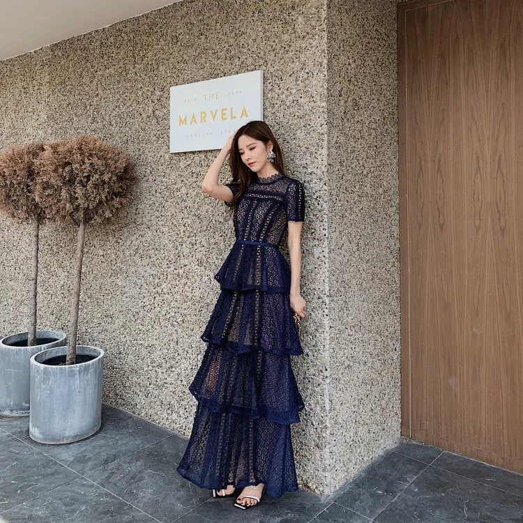 2023 Summer Maxi Dress: Dark Blue Lace Short Sleeve Slimming Multi-layer Cake Dress