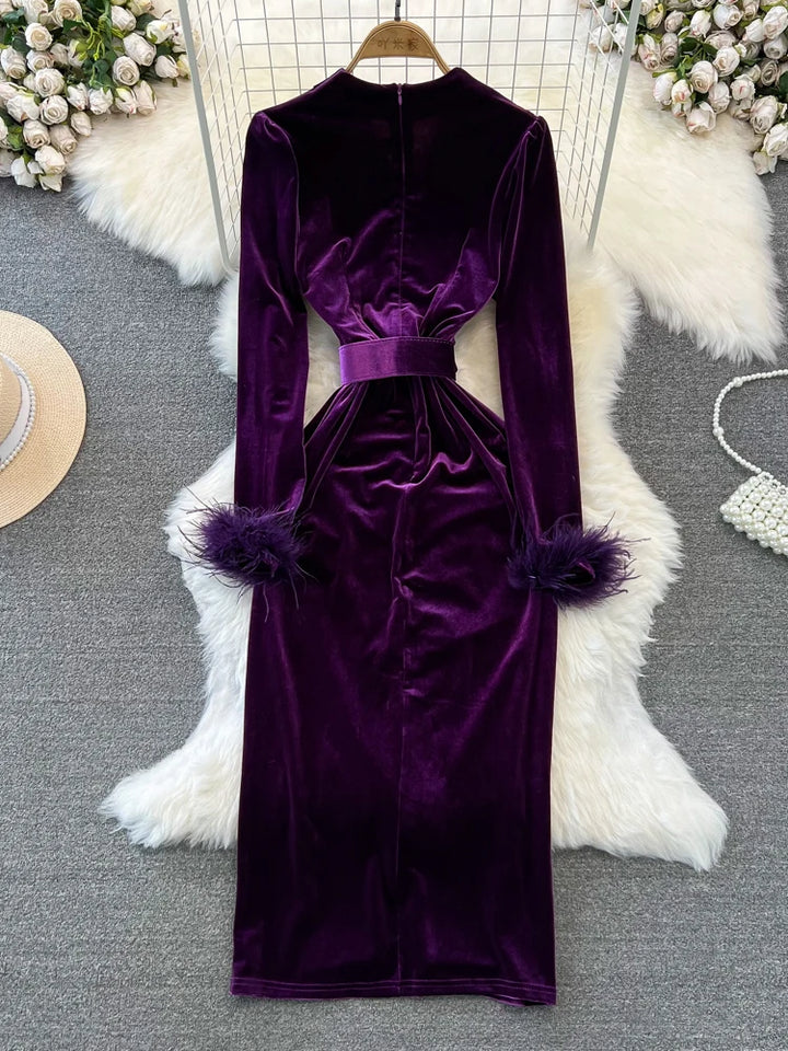 XFPV Women Velvet V-Neck Dress Autumn Winter 2024