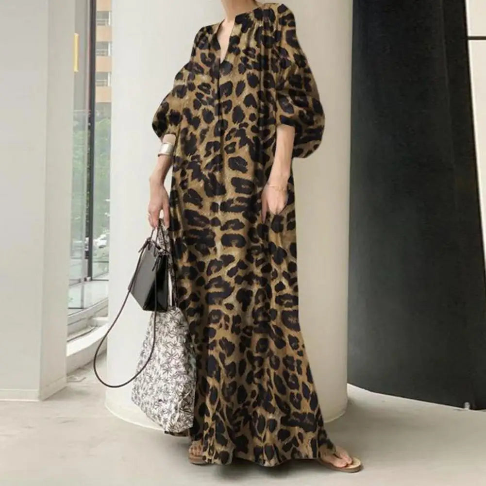 Boho Leopard Print Maxi Dress with Stand Collar and Half Sleeves - Perfect for Fall and Spring Events!