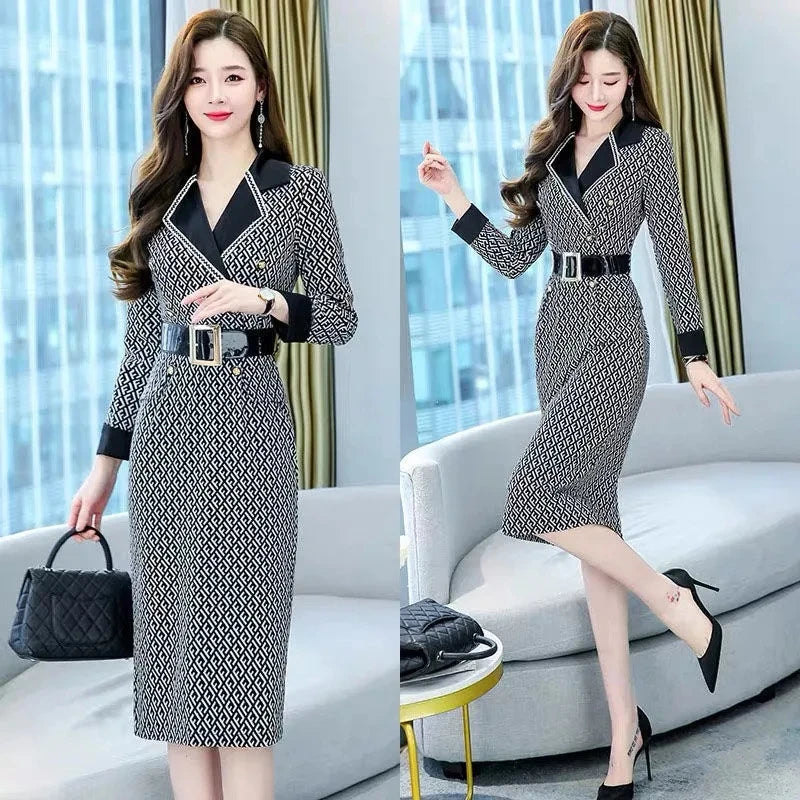 Vintage Notched Collar Belt Balzer Dress - Elegant Office Style for Autumn Parties