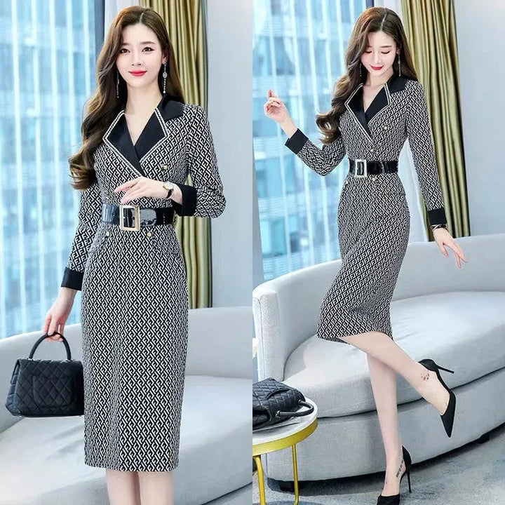 Vintage Notched Collar Belt Balzer Dress - Elegant Office Style for Autumn Parties