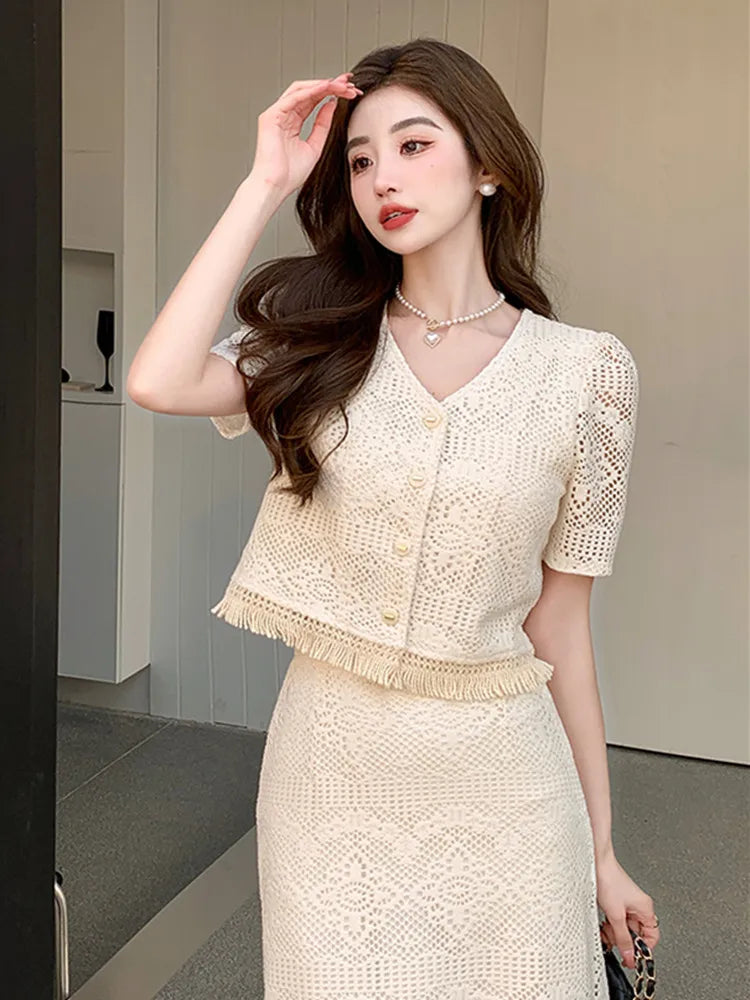 Korean Fashion Lace Two Piece Set - V-neck Blouse + High Waist Skirt - Summer Y2k Style