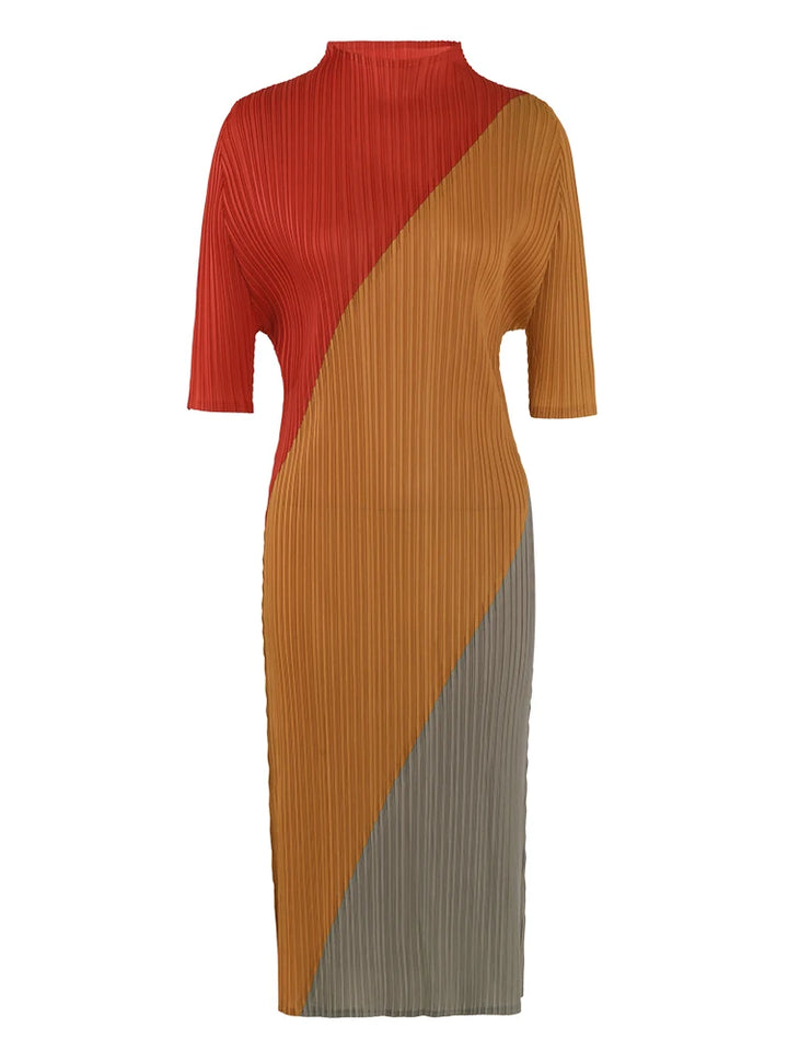 LANMREM Color Block Pleated Dress - Fashionable 2024 Spring Clothing for Women - Stand Collar, Slim Fit, Half Sleeves - Sizes 90-130cm - 32C110
