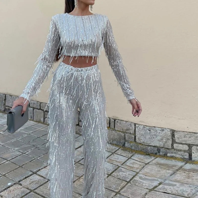 Sparkle in Style: Women's Glitter Two Piece Set - Long Sleeve Blouse & High Waist Pants