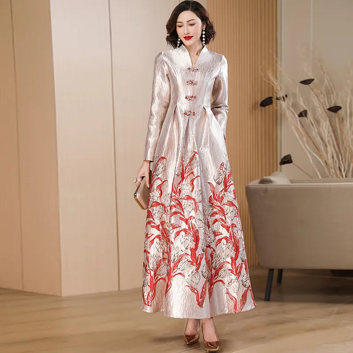 Chinese Style Floral Jacquard Dress for Women - Perfect for Evening Events and Parties - 3cm Error