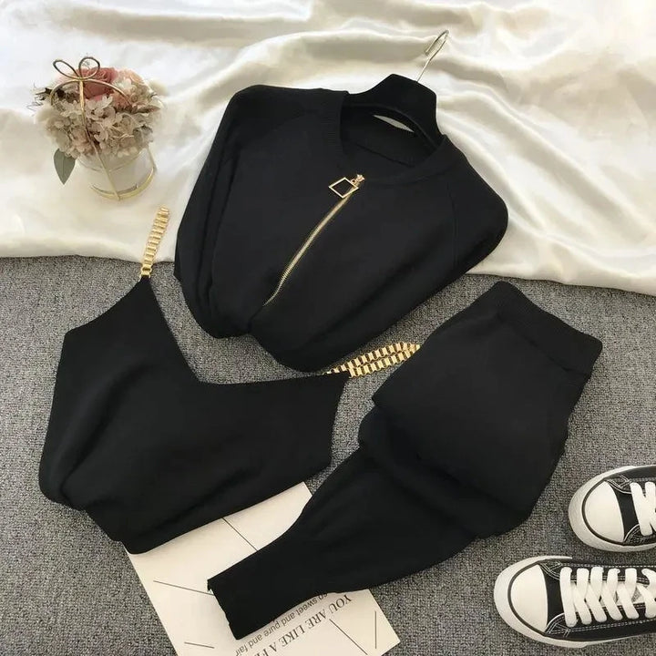 Fashion Knitted Pants 3 Piece Set Chain Vest And Korean Jacket Conjunto Casual Jogger Pantalones Outfits Women Sweatpants Sets