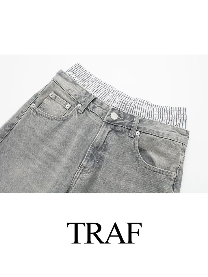 Upgrade Your Style with TRAF 2024 Women's Patchwork Jeans - Casual, Wide Leg Denim Pants for a Fashionable Look!