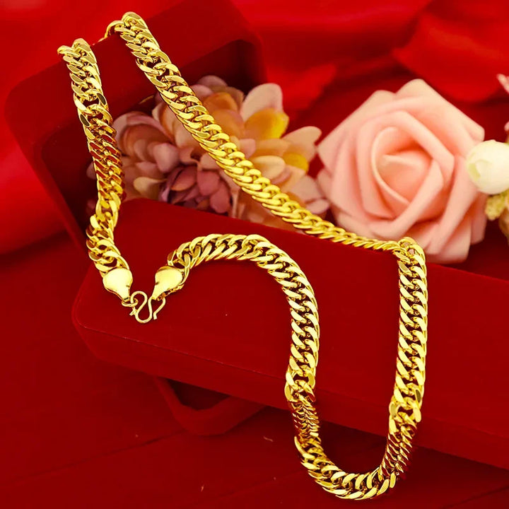 UMQ LUXURY 24K GOLD NECKLACE JEWELRY FOR MEN 10MM FLAT CHAIN LASTING COLORFAST WEDDING ENGAGEMENT JEWELRY CHRISTMAS GIFTS MALE