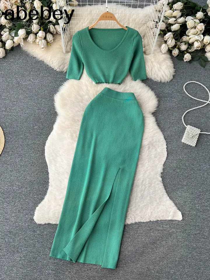 Green Women's Two Piece Knit Set - Crop Top & Split Skirt - Sexy & Comfortable