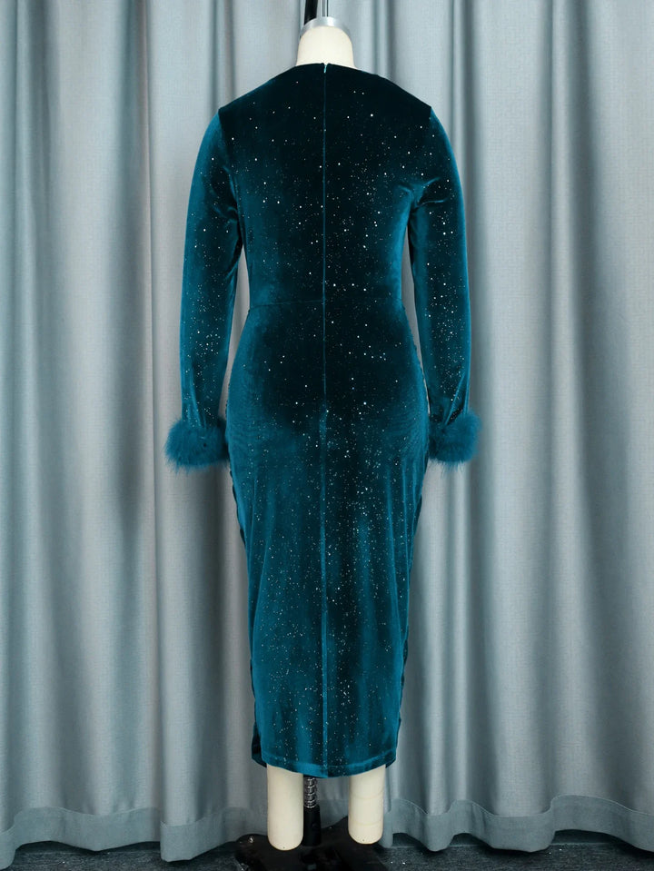 Plus Size Formal Velvet Dress with Shiny Sequins and Feather Detail - Perfect for Celebrations and Events - Sizes up to 4XL