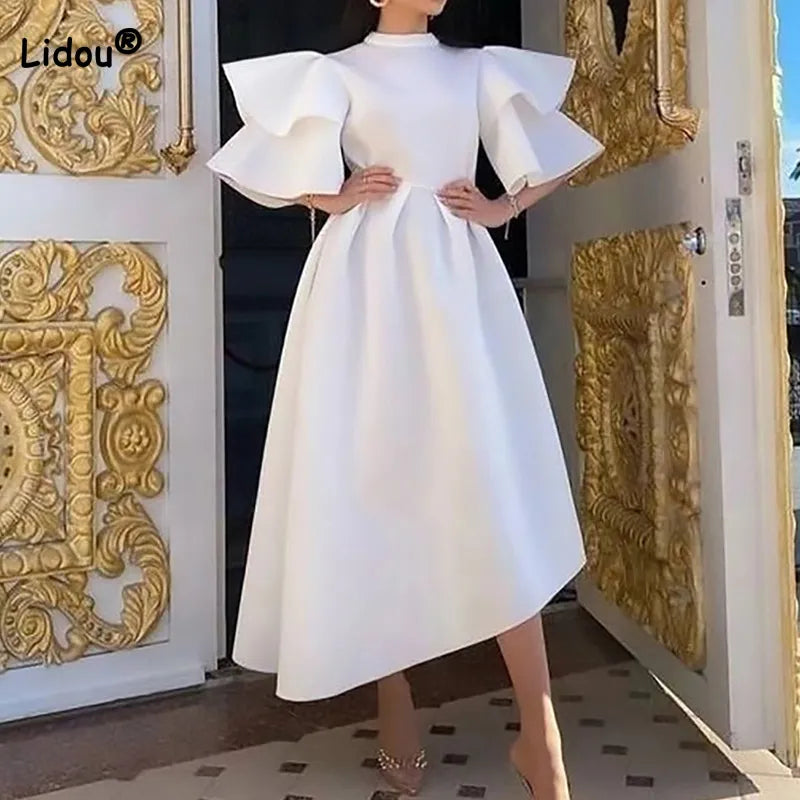 Plus Size Summer Party Dress - Elegant Double-deck Ruffle Design with Zipper - Solid Color, Round Neck, Half Sleeve