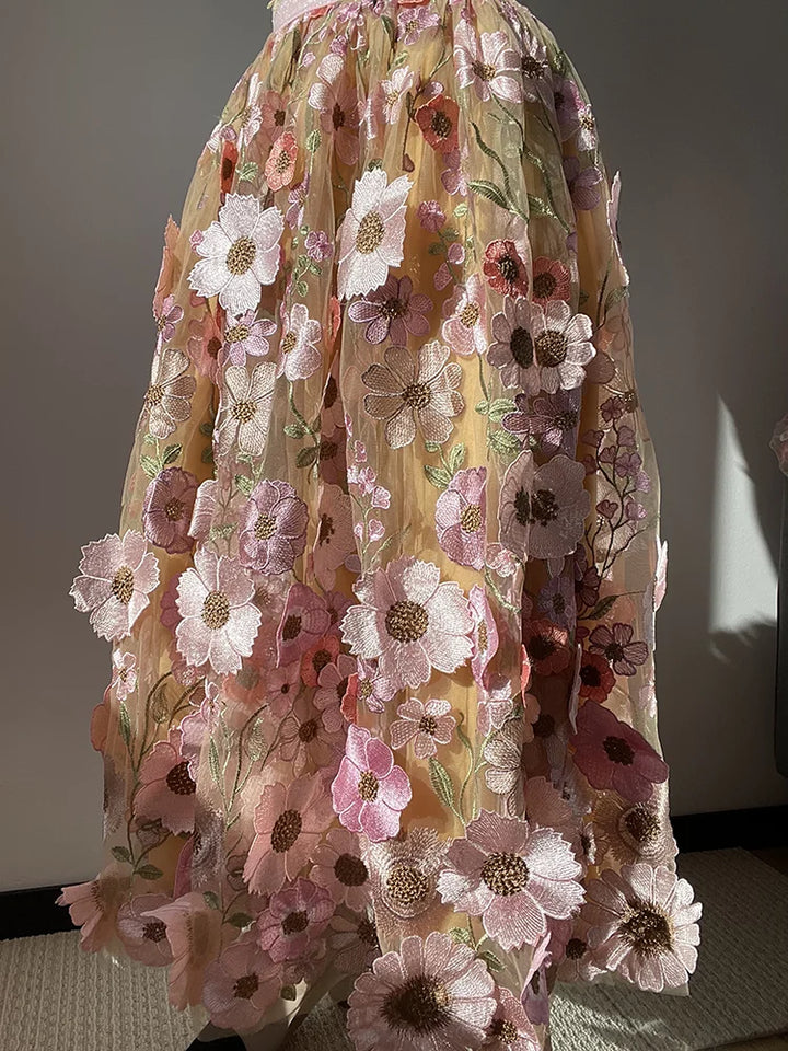 Title: 'Elegant High Waist Floral Tulle Skirt with 3D Embroidered Flowers - JIAMI Luxury Fairy Skirt