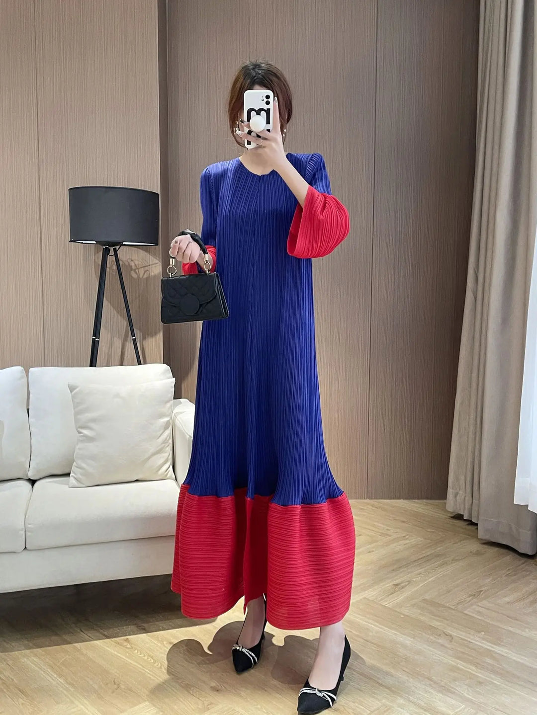 2023 Miyake Long Sleeve Dress - Relaxed Fit, Round Neck, Feminine Fashion - Women's Party Dress